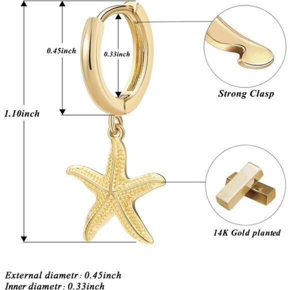 Gold Plated Huggie Earrings Women Starfish Moon Seashell Butterfly Drop Jewelry - Picture 4 of 7